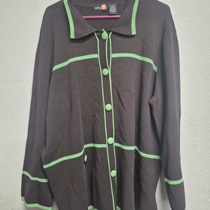 cardigan sweater is a long-sleeve, button-down top featuring a brown base with g